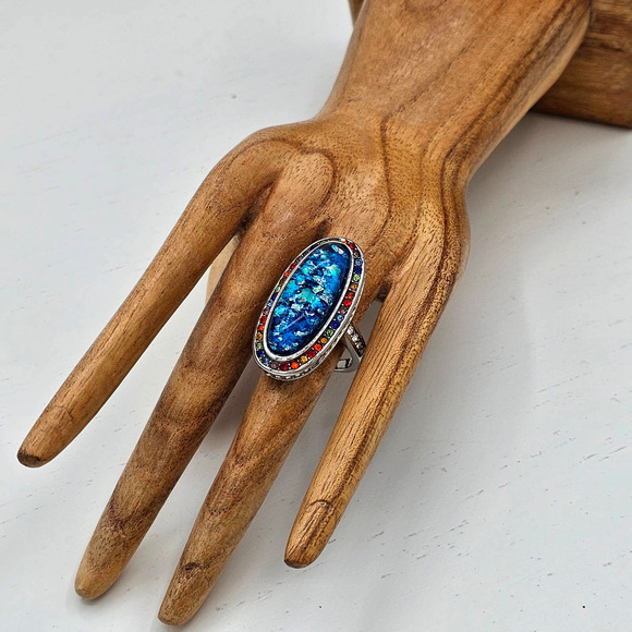 Multi Color Austrian Crystal Lab Created Faux Opal Statement Ring Stainless Sz 8 - Picture 3 of 4